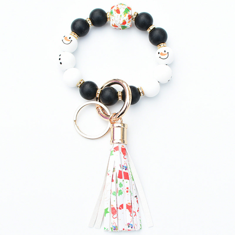 Wholesale Christmas Silicone Beaded Leather Tassel Wrist Keychain